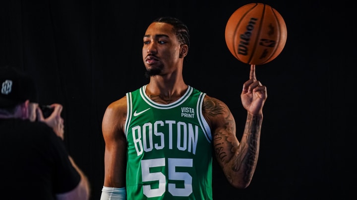 Oct 2, 2023; Boston, Celtics, USA; Boston Celtics guard Jay Scrubb (55) during Boston Celtics Media Day. Mandatory Credit: David Butler II-USA TODAY Sports