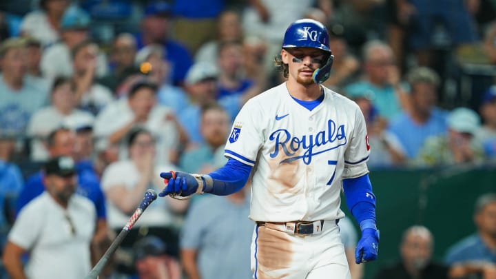 Jul 22, 2024; Kansas City, Missouri, USA; Kansas City Royals shortstop Bobby Witt Jr. (7) reacts after being hit by a pitch during the sixth inning against the Arizona Diamondbacks at Kauffman Stadium. Mandatory Credit: Jay Biggerstaff-USA TODAY Sports