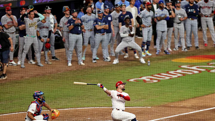  National League designated hitter Kyle Schwarber of the Philadelphia Phillies hits a home run in the swing off of after the 2025 MLB All Star Game ended in a tie at Truist Park.
