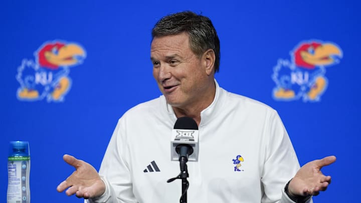 Oct 23, 2024; Kansas City, MO, USA; Kansas Jayhawks head coach Bill Self talks to media during the Big 12 Men’s Basketball Media Day at T-Mobile Center. Mandatory Credit: Jay Biggerstaff-Imagn Images