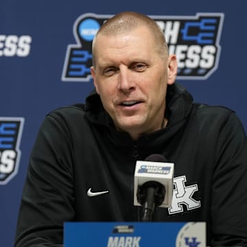 Mar 20, 2025; Milwaukee, WI, USA;  Kentucky Wildcats head coach Mark Pope speaks during an NCAA Tournament First Round Practice press conference at Fiserv Forum. Mandatory Credit: Jeff Hanisch-Imagn Images