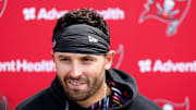 Tampa Bay Buccaneers quarterback Baker Mayfield gives a press conference after mini camp at AdventHealth Training Center.