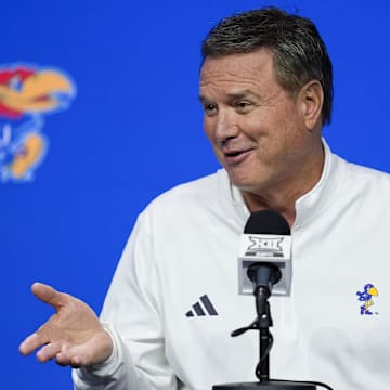 Oct 23, 2024; Kansas City, MO, USA; Kansas Jayhawks head coach Bill Self talks to media during the Big 12 Men’s Basketball Media Day at T-Mobile Center. Mandatory Credit: Jay Biggerstaff-Imagn Images