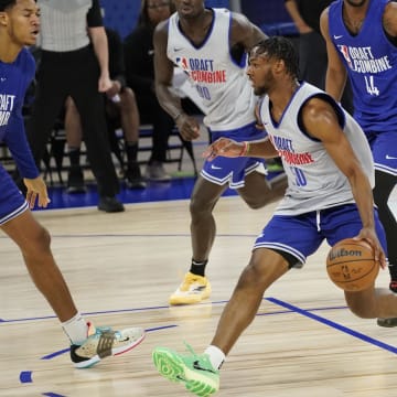 May 14, 2024; Chicago, IL, USA; Bronny James (50) participates during the 2024 NBA Draft Combine  at