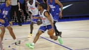 May 14, 2024; Chicago, IL, USA; Bronny James (50) participates during the 2024 NBA Draft Combine  at Wintrust Arena. Mandatory Credit: David Banks-USA TODAY Sports