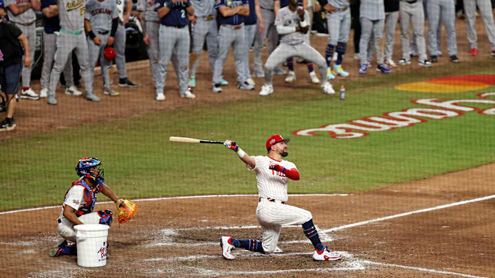 Cumberland, Georgia, USA; National League designated hitter Kyle Schwarber (12) of the Philadelphia Phillies hits a home run in the swing-off of after the 2025 MLB All-Star Game ended in a tie at Truist Park. Cumberland, Georgia, USA; National League designated hitter Kyle Schwarber (12) of the Philadelphia Phillies hits a home run in the swing-off of after the 2025 MLB All-Star Game ended in a tie at Truist Park.