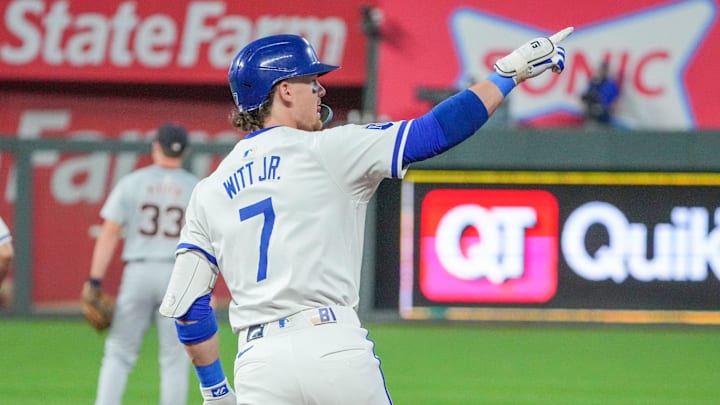 Witt celebrates while running the bases after hitting a grand slam against the Detroit Tigers.