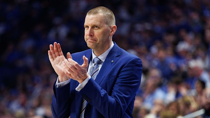 Mar 7, 2026; Lexington, Kentucky, USA; Kentucky Wildcats head coach Mark Pope claps during the first half against the Florida Gators at Rupp Arena at Central Bank Center. Mandatory Credit: Jordan Prather-Imagn Images