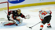 Apr 13, 2025; Ottawa, Ontario, CAN; Philadelphia Flyersright wing Matvei Michkov (39) lines up a shot on  Ottawa Senators goalie Anton Forsberg (31) in the third period at the Canadian Tire Centre. Mandatory Credit: Marc DesRosiers-Imagn Images
