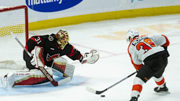 Apr 13, 2025; Ottawa, Ontario, CAN; Philadelphia Flyersright wing Matvei Michkov (39) lines up a shot on  Ottawa Senators goalie Anton Forsberg (31) in the third period at the Canadian Tire Centre. Mandatory Credit: Marc DesRosiers-Imagn Images