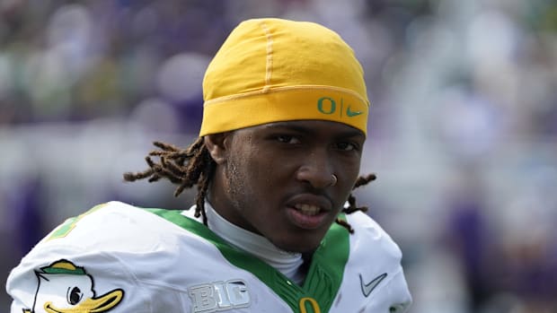 Sep 13, 2025; Evanston, Illinois, USA; Headshot of Oregon Ducks wide receiver Dakorien Moore (1)  against the Northwestern Wi
