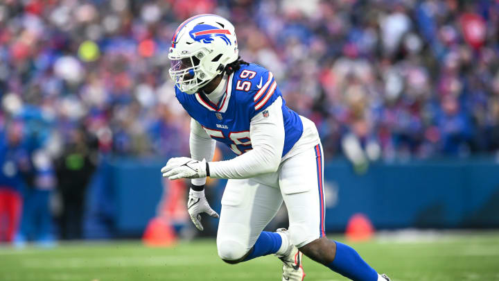 Dec 31, 2023; Orchard Park, New York, USA; Buffalo Bills defensive end Kingsley Jonathan (59) in the fourth quarter at Highmark Stadium.  