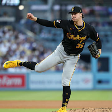 Aug 10, 2024; Los Angeles, California, USA;  Pittsburgh Pirates starting pitcher Paul Skenes (30) pitches during the fifth inning against the Los Angeles Dodgers at Dodger Stadium. Mandatory Credit: Kiyoshi Mio-Imagn Images