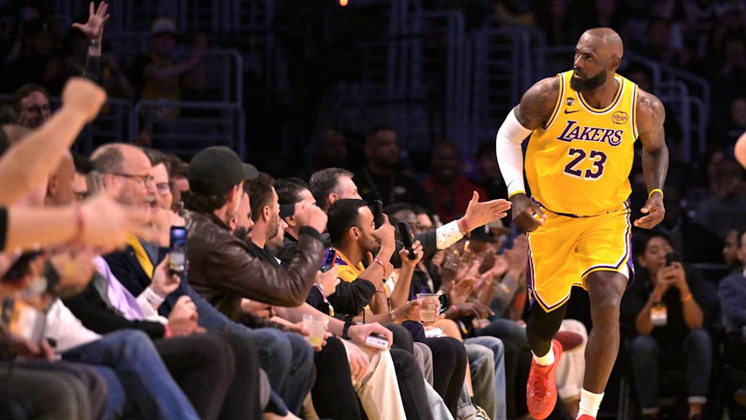 Mar 30, 2026; Los Angeles, California, USA; Los Angeles Lakers forward LeBron James (23) heads down court after a basket during the first half against the Washington Wizards at Crypto.com Arena. Mandatory Credit: Jayne Kamin-Oncea-Imagn Images