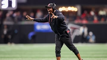 Jan 5, 2025; Atlanta, Georgia, USA; Atlanta Falcons head coach Raheem Morris on the sideline against the Carolina Panthers in the second quarter at Mercedes-Benz Stadium. Mandatory Credit: Brett Davis-Imagn Images
