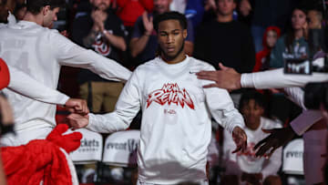 Nov 9, 2024; Queens, New York, USA;  St. John's basketball guard Deivon Smith (5) at Carnesecca Arena.