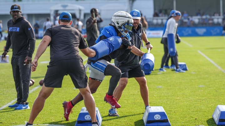 Running back Jahmyr Gibbs runs through drills, during Detroit Lions training camp 