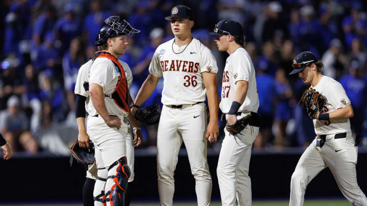 Jun 9, 2024; Lexington, KY, USA; Teammates meet with Oregon State Beavers pitcher Nelson Keljo (36) at the mound during the eighth inning against the Kentucky Wildcats at Kentucky Proud Park. Mandatory Credit: Jordan Prather-USA TODAY Sports