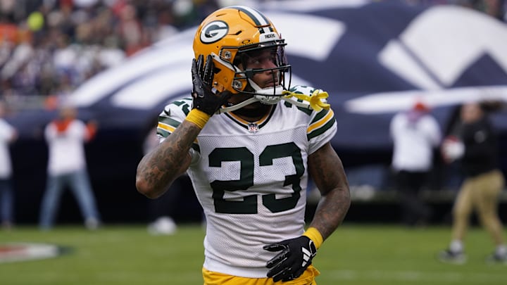 Nov 17, 2024; Chicago, Illinois, USA; Green Bay Packers cornerback Jaire Alexander (23) gestures to the fans before the game against the Chicago Bears at Soldier Field. Mandatory Credit: David Banks-Imagn Images