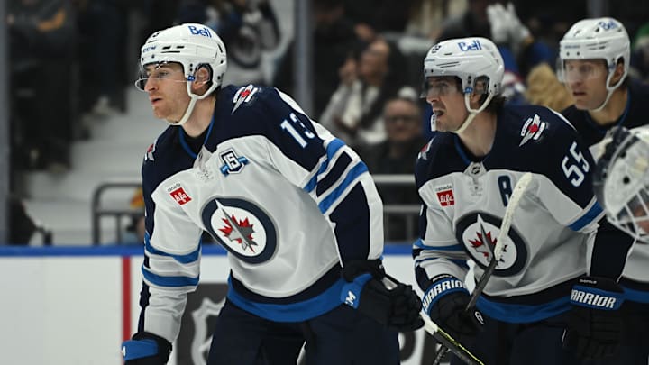 Gabriel Vilardi (13) celebrates a goal during the second period against the Vancouver Canucks at Rogers Arena.
