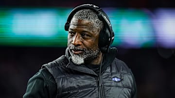 Nov 13, 2025; Foxborough, Massachusetts, USA; New York Jets head coach Aaron Glenn watches from the sideline as they take on the New England Patriots at Gillette Stadium. Mandatory Credit: David Butler II-Imagn Images