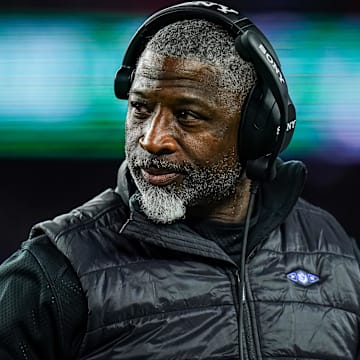 Nov 13, 2025; Foxborough, Massachusetts, USA; New York Jets head coach Aaron Glenn watches from the sideline as they take on the New England Patriots at Gillette Stadium. Mandatory Credit: David Butler II-Imagn Images
