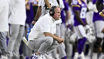 Dec 31, 2024; Houston, TX, USA; LSU Tigers head coach Brian Kelly looks on during the second half against the Baylor Bears at NRG Stadium. The Tigers defeat the Bears 44-31. Mandatory Credit: Maria Lysaker-Imagn Images 