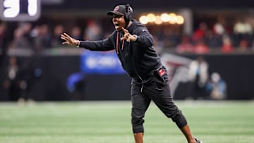 Jan 5, 2025; Atlanta, Georgia, USA; Atlanta Falcons head coach Raheem Morris on the sideline against the Carolina Panthers in the second quarter at Mercedes-Benz Stadium. Mandatory Credit: Brett Davis-Imagn Images
