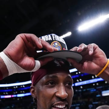 May 22, 2023; Los Angeles, California, USA; Denver Nuggets guard Kentavious Caldwell-Pope (5) celebrates winning game four of the Western Conference Finals against the Los Angeles Lakers for the 2023 NBA playoffs at Crypto.com Arena. Mandatory Credit: Kirby Lee-USA TODAY Sports