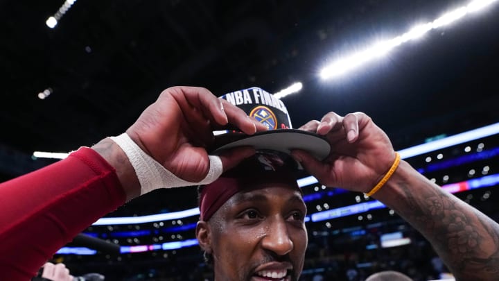 May 22, 2023; Los Angeles, California, USA; Denver Nuggets guard Kentavious Caldwell-Pope (5) celebrates winning game four of the Western Conference Finals against the Los Angeles Lakers for the 2023 NBA playoffs at Crypto.com Arena. Mandatory Credit: Kirby Lee-USA TODAY Sports