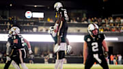 Vanderbilt wide receiver Tre Richardson (6) celebrates his touchdown against Auburn with offensive lineman Chase Mitchell (50) during the third quarter at FirstBank Stadium in Nashville, Tenn., Saturday, Nov. 8, 2025.