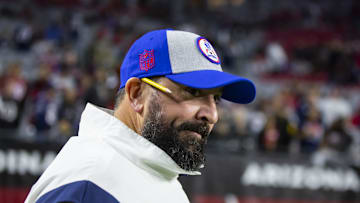 Dec 12, 2022; Glendale, Arizona, USA; New England Patriots offensive line coach Matt Patricia against the Arizona Cardinals at State Farm Stadium. Mandatory Credit: Mark J. Rebilas-Imagn Images