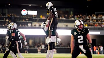 Vanderbilt wide receiver Tre Richardson (6) celebrates his touchdown against Auburn with offensive lineman Chase Mitchell (50) during the third quarter at FirstBank Stadium in Nashville, Tenn., Saturday, Nov. 8, 2025.