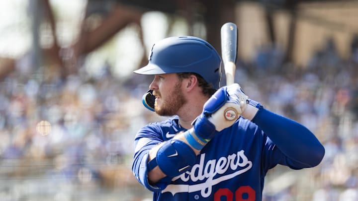 Feb 23, 2026; Phoenix, Arizona, USA; Los Angeles Dodgers first baseman James Tibbs III against the Seattle Mariners during a spring training game at Camelback Ranch-Glendale. Mandatory Credit: Mark J. Rebilas-Imagn Images
