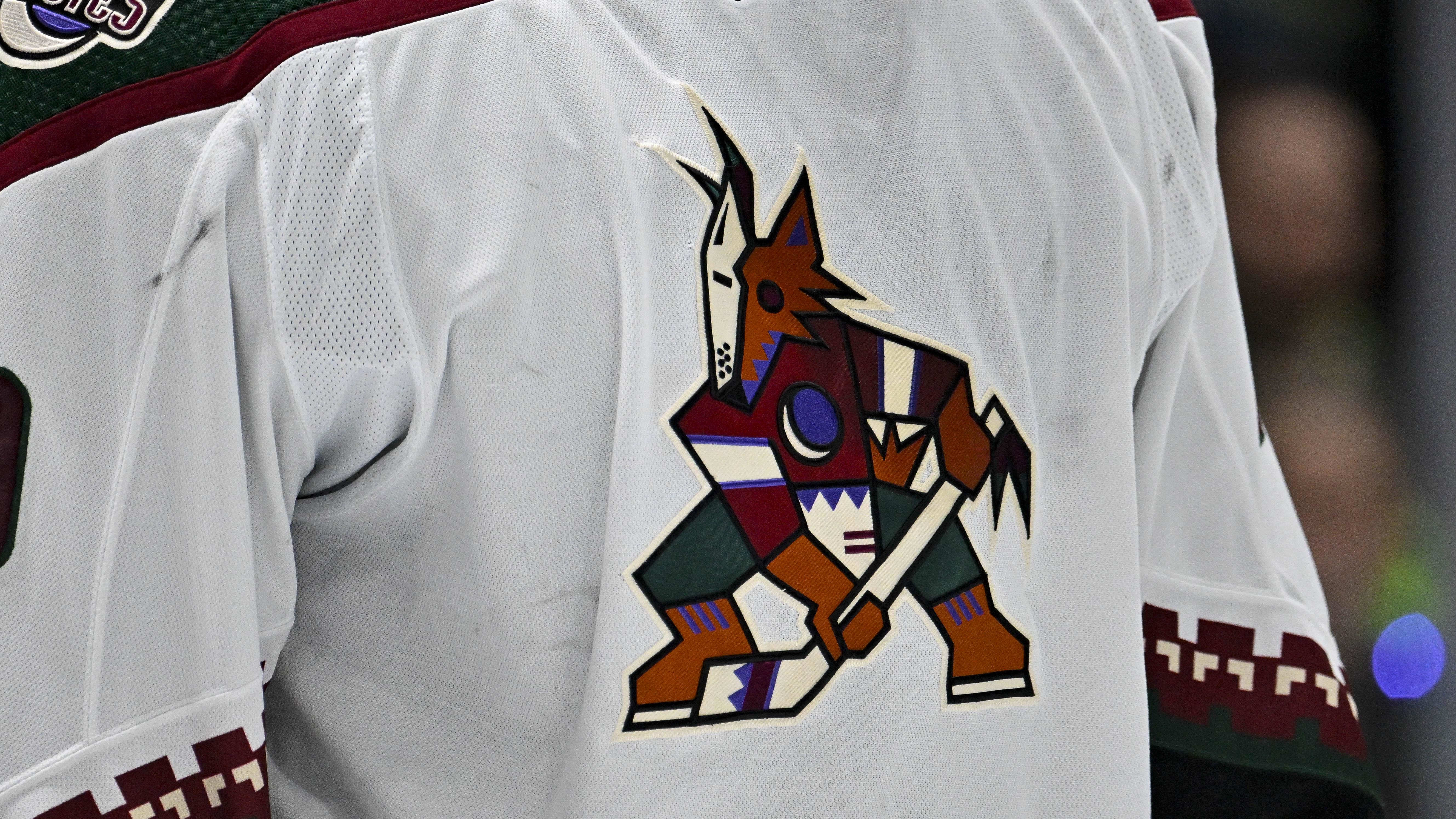 Closeup view of the Arizona Coyotes’ kachina logo on the front of a jersey
