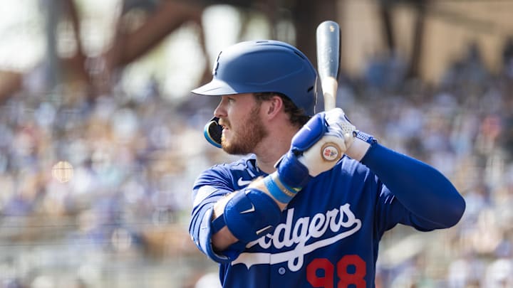Feb 23, 2026; Phoenix, Arizona, USA; Los Angeles Dodgers first baseman James Tibbs III against the Seattle Mariners during a spring training game at Camelback Ranch-Glendale. Mandatory Credit: Mark J. Rebilas-Imagn Images

