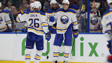 Mar 6, 2025; Tampa, Florida, USA; Buffalo Sabres center Tage Thompson (72) is congratulated by defenseman Rasmus Dahlin (26) after he scored a goal against the Tampa Bay Lightning during the second period at Amalie Arena. Mandatory Credit: Kim Klement Neitzel-Imagn Images
