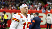 Feb 9, 2025; New Orleans, LA, USA;  Kansas City Chiefs quarterback Patrick Mahomes (15) against the Philadelphia Eagles in Super Bowl LIX at Ceasars Superdome. Mandatory Credit: Mark J. Rebilas-Imagn Images
