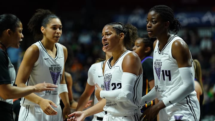 Golden State Valkyries guard Veronica Burton (22) reacts after a call against the Connecticut Sun in the first half at Mohegan Sun Arena. 