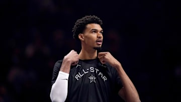 Feb 15, 2025; Oakland, CA, USA; Chuck’s Global Stars forward Victor Wembanyama (1) of the San Antonio Spurs stands on the court during the NBA All Star-Practice at Oracle Arena. Mandatory Credit: Cary Edmondson-Imagn Images