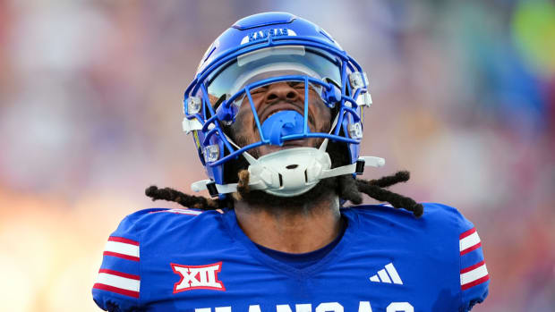 Sep 1, 2023; Lawrence, Kansas, USA; Kansas Jayhawks safety Marvin Grant (4) reacts after making a play during the first half 