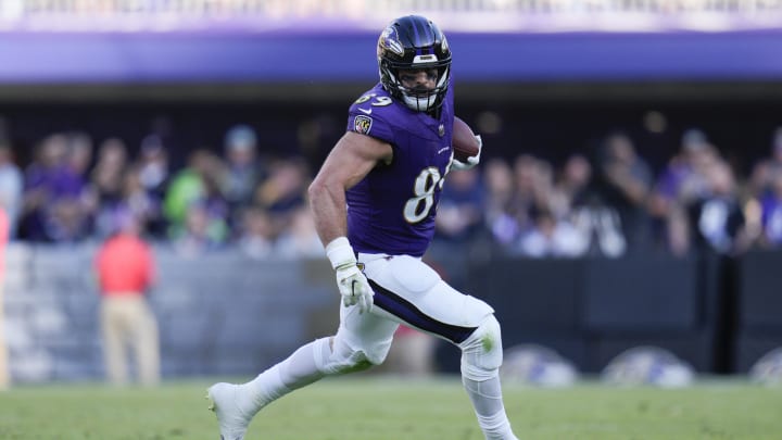 Nov 5, 2023; Baltimore, Maryland, USA;  Baltimore Ravens tight end Mark Andrews (89) runs with the ball against the Seattle Seahawks during the third quarter at M&T Bank Stadium. Mandatory Credit: Jessica Rapfogel-USA TODAY Sports