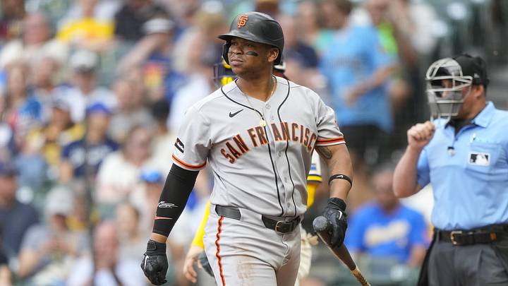 Jun 3, 2026; Milwaukee, Wisconsin, USA;  San Francisco Giants first baseman Rafael Devers (16) looks around after striking out during the first inning against the Milwaukee Brewers at American Family Field. Mandatory Credit: Jeff Hanisch-Imagn Images