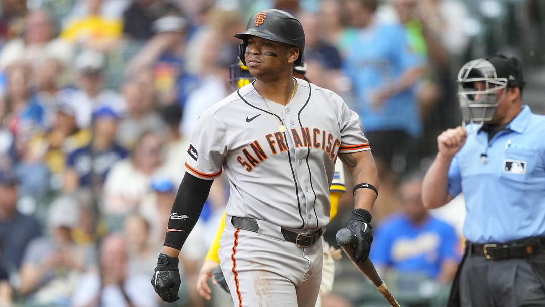 Jun 3, 2026; Milwaukee, Wisconsin, USA; San Francisco Giants first baseman Rafael Devers (16) looks around after striking out during the first inning against the Milwaukee Brewers at American Family Field. Mandatory Credit: Jeff Hanisch-Imagn Images Jun 3, 2026; Milwaukee, Wisconsin, USA; San Francisco Giants first baseman Rafael Devers (16) looks around after striking out during the first inning against the Milwaukee Brewers at American Family Field. Mandatory Credit: Jeff Hanisch-Imagn Images
