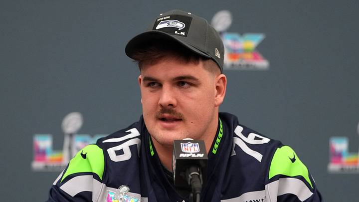 Seattle Seahawks guard Grey Zabel (76) talks to media members