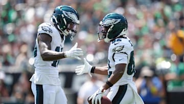 Aug 16, 2025; Philadelphia, Pennsylvania, USA; Philadelphia Eagles wide receiver Ainias Smith (82) reacts after scoring a touchdown against the Cleveland Browns in the first half at Lincoln Financial Field. Mandatory Credit: Kyle Ross-Imagn Images