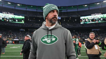 Dec 24, 2023; East Rutherford, New Jersey, USA; New York Jets quarterback Aaron Rodgers (8) on the