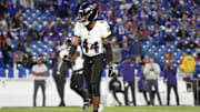 Sep 7, 2025; Orchard Park, New York, USA;  Baltimore Ravens cornerback Marlon Humphrey (44) warms up prior to the game against the Buffalo Bills at Highmark Stadium. Mandatory Credit: Gregory Fisher-Imagn Images