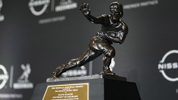 Dec 14, 2024; New York, NY, USA; A general view of the 2024 Heisman Trophy awarded to Colorado Buffaloes wide receiver/cornerback Travis Hunter during the 2024 Heisman Trophy Presentation. Mandatory Credit: Lucas Boland-Imagn Images