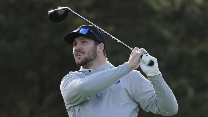 Feb 1, 2024; Pebble Beach, California, USA; Buffalo Bills quarterback Josh Allen hits his tee shot on the 11th hole during the first round of the AT&T Pebble Beach Pro-Am golf tournament at Spyglass Hill Golf Course. Mandatory Credit: Michael Madrid-USA TODAY Sports